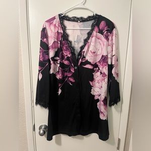 Black, pink, and purple floral blouse / top